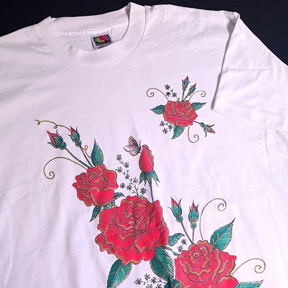 Vintage Single Stitch Fruit of the Loom Tee L White 90s Red Rose Glitter Graphic